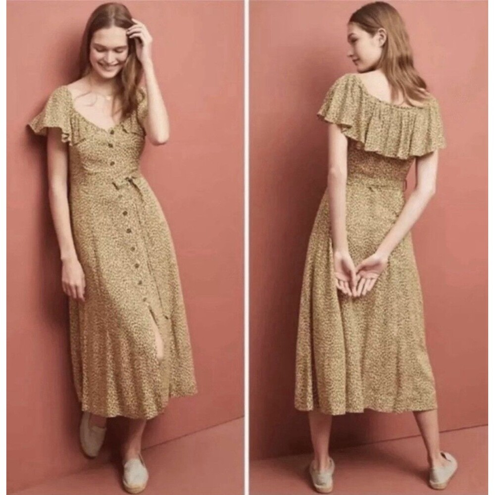 Anthropologie Size 8 Bolano Leopard Print Midi Dress Ruffle Sleeve Tie Waist